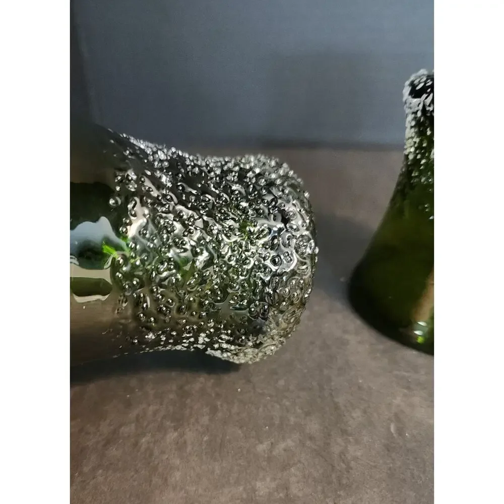 Hand Blow Art Glass Frit Overshot Green 2 Votive Candle Holders, Vases, Juice